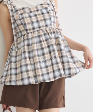 earth music&ecology チェックパターンバルーンキャミビスチェ Grayish Blue