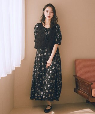 earth music&ecology フラワー刺繍メッシュベスト Black