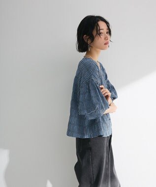 Green Parks 前後２ｗａｙ袖バルーンギンガムチェックブラウス Blue