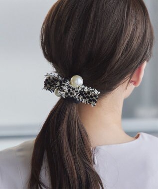 Tiaclasse パール×ツイードリボンヘアゴム ブラック
