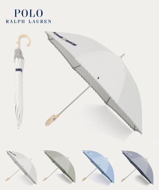 MOONBAT 【1級遮光/遮熱/UV】POLO RALPH LAUREN（ポロ ラルフローレン）晴雨兼用日傘  ストライプ スカラ刺繍 長傘 オフホワイト
