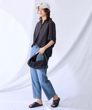 ANY 【新色追加】スキッパーネック袖タックブラウス ブラックドット