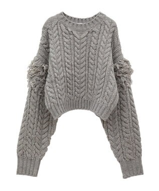 Green Parks フリンジスリーブショート丈ケーブルニット Light Gray