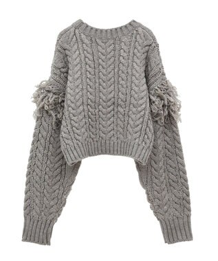 Green Parks フリンジスリーブショート丈ケーブルニット Light Gray