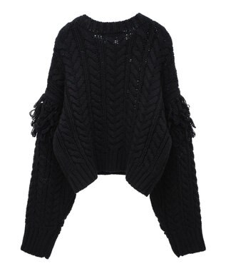 Green Parks フリンジスリーブショート丈ケーブルニット Black