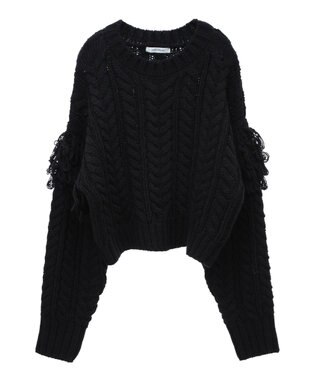 Green Parks フリンジスリーブショート丈ケーブルニット Black