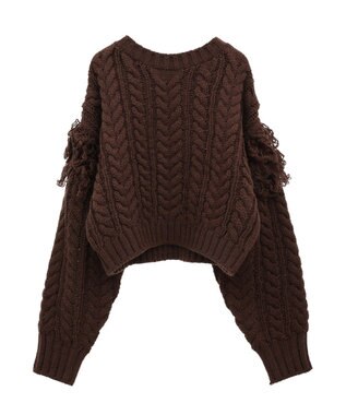 Green Parks フリンジスリーブショート丈ケーブルニット Dark Brown