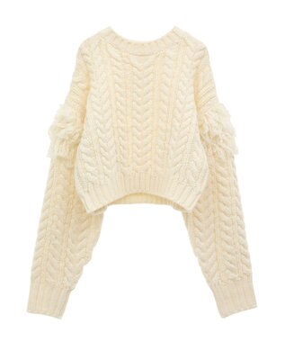 Green Parks フリンジスリーブショート丈ケーブルニット Ivory