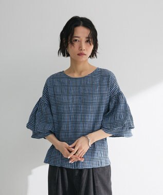 Green Parks 前後２ｗａｙ袖バルーンギンガムチェックブラウス Blue