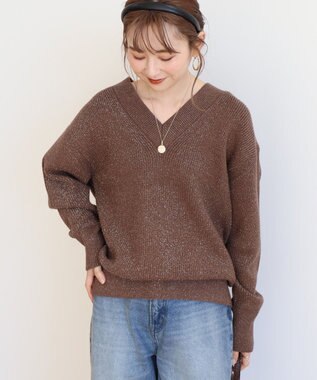 AMERICAN HOLIC ラメ入りＶネック片畦ニットプルオーバー Mocha