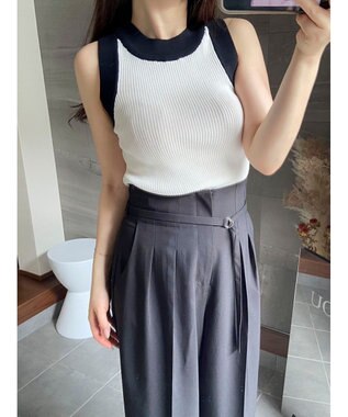 Green Parks デザインヘム配色ニットタンクトップ Off White