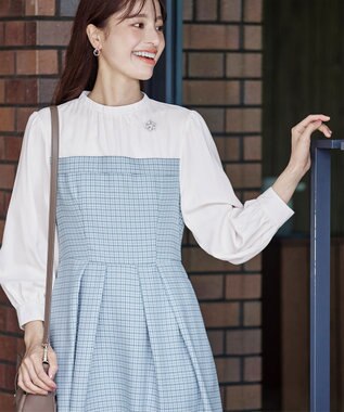 Tiaclasse 【洗える】ビスチェ風ツイードチェックドッキングワンピース ブルー