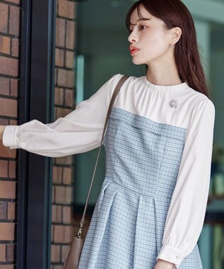 Tiaclasse 【洗える】ビスチェ風ツイードチェックドッキングワンピース ブルー