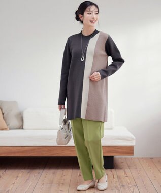 Tiaclasse 配色ワッフル切替ニットチュニック チャコールグレー