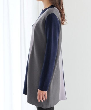 Tiaclasse 配色ワッフル切替ニットチュニック ネイビー