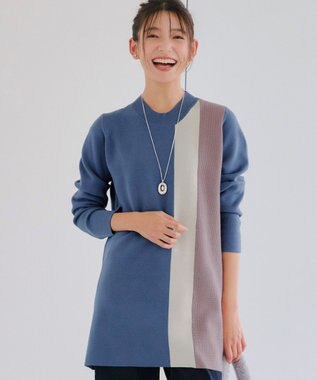 Tiaclasse 配色ワッフル切替ニットチュニック ブルー