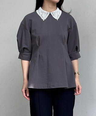 組曲 【2WAY】レース襟フレンチテリーフレア カットソー チャコールグレー系