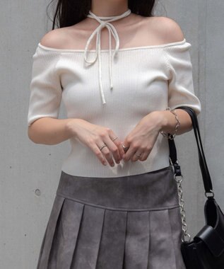 WEGO チョーカーリボン付きオフショルニット ホワイト