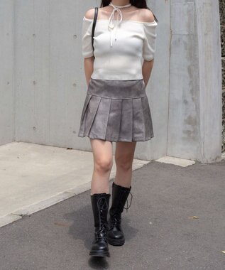 WEGO チョーカーリボン付きオフショルニット ホワイト