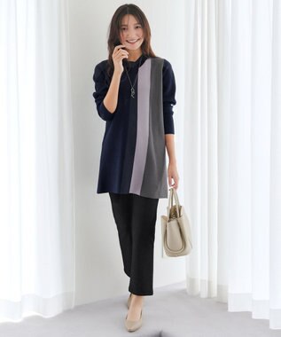 Tiaclasse 配色ワッフル切替ニットチュニック ネイビー