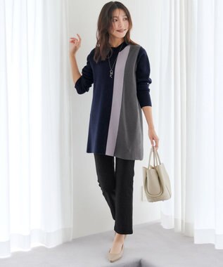 Tiaclasse 配色ワッフル切替ニットチュニック ネイビー