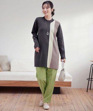 Tiaclasse 配色ワッフル切替ニットチュニック チャコールグレー