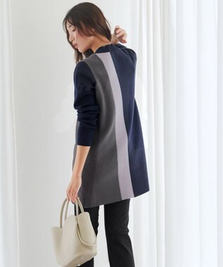 Tiaclasse 配色ワッフル切替ニットチュニック ネイビー