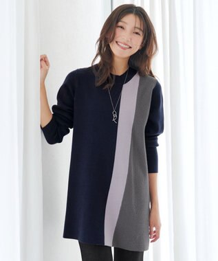 Tiaclasse 配色ワッフル切替ニットチュニック ネイビー