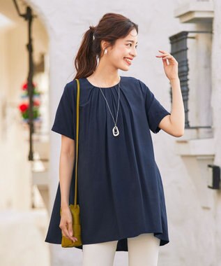 Tiaclasse 【洗える】バックギャザーフレアチュニックブラウス ネイビー