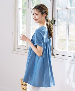 Tiaclasse 【洗える】バックギャザーフレアチュニックブラウス ブルー