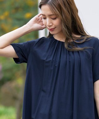 Tiaclasse 【洗える】バックギャザーフレアチュニックブラウス ネイビー