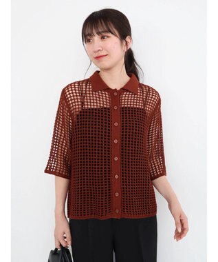 Green Parks メッシュ編み襟付きカーディガン Terracotta