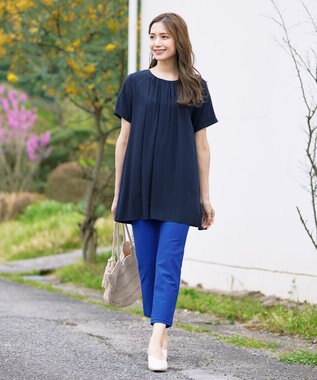 Tiaclasse 【洗える】バックギャザーフレアチュニックブラウス ネイビー