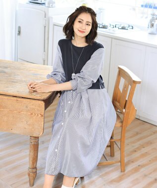 Tiaclasse L 【洗える】一枚でコーデが決まるニットソーレイヤード風ワンピ ネイビー×ネイビーストライプ