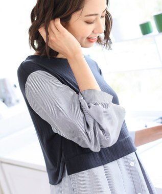 Tiaclasse L 【洗える】一枚でコーデが決まるニットソーレイヤード風ワンピ ネイビー×ネイビーストライプ