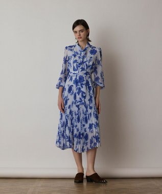 GRACE CONTINENTAL フラワープリントプリーツワンピース サックス