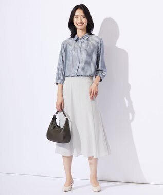 J.PRESS LADIES 【洗える】ウォッシャブルキュプラツイル ピンタック ブラウス ネイビーシャンブレーストライプ系