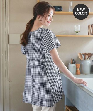 Tiaclasse L 【小倉優子さん着用・選べる袖TYPE・洗える】バックフレアチュニック 新色 半袖ギンガムチェック小