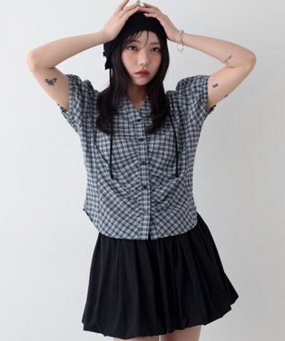 WEGO コンパクトギャザーチェックシャツ サックス