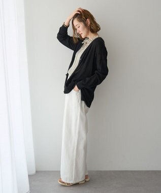YECCA VECCA ハイゲージミドル丈Vネックカーディガン Black