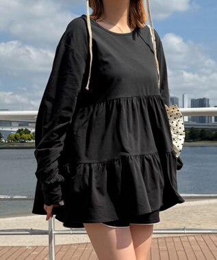 WEGO 【UVカット/接触冷感/吸水速乾/水陸両用/ラッシュガード】ティアードデザイントップス ブラック