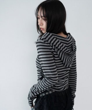 WEGO ヘンリーネックフードロンT グレーボーダー