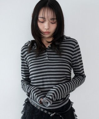 WEGO ヘンリーネックフードロンT グレーボーダー