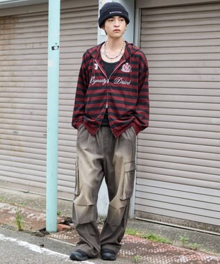 WEGO 【ユニセックスITEM/MLサイズ展開】ナンバリングカットZIPパーカー レッドボーダー