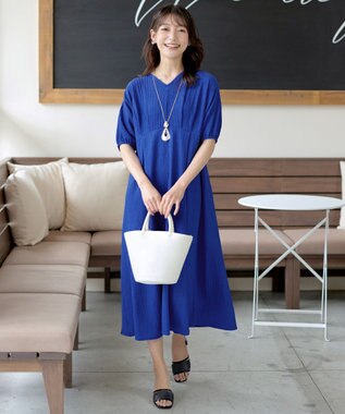 Tiaclasse 【新色追加・洗える】ワッフルVネックワンピース ブルー