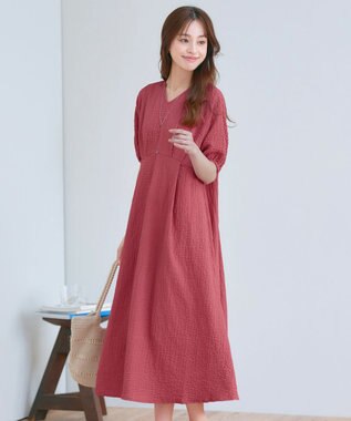 Tiaclasse 【新色追加・洗える】ワッフルVネックワンピース ディープピンク