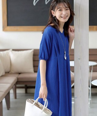 Tiaclasse 【新色追加・洗える】ワッフルVネックワンピース ブルー