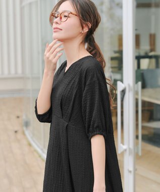 Tiaclasse 【新色追加・洗える】ワッフルVネックワンピース ブラック