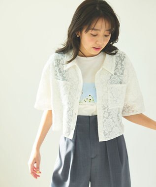 Feroux 【洗える】フラワーレース シャツ ホワイト系