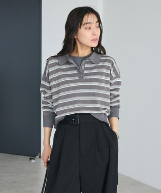 CRAFT STANDARD BOUTIQUE シアーボーダーポロ衿ニットプルオーバー Gray